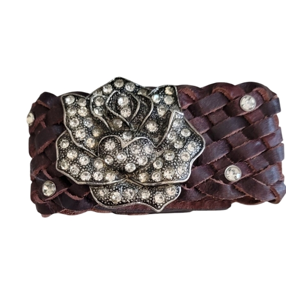 Brown Woven Belt with Silver Rose Bracelet - Picture 1 of 6
